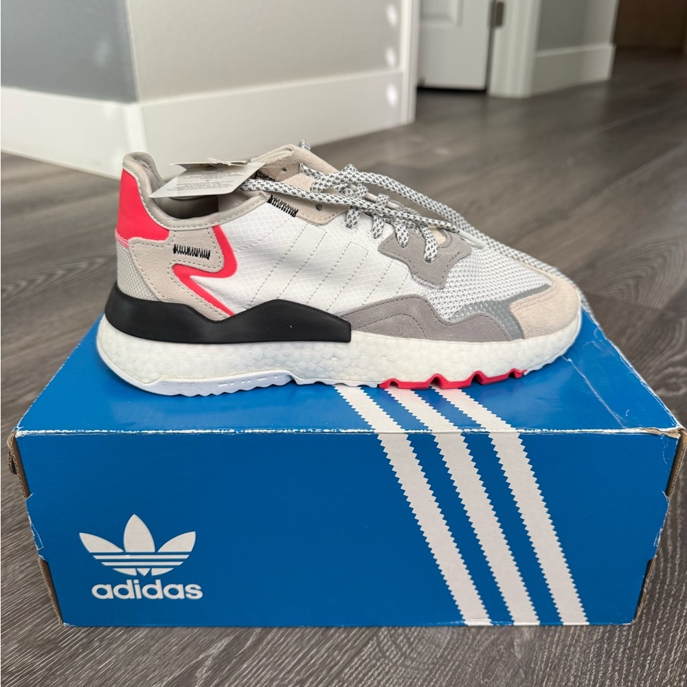 Adidas White and Gray Shoes with Red Highlights